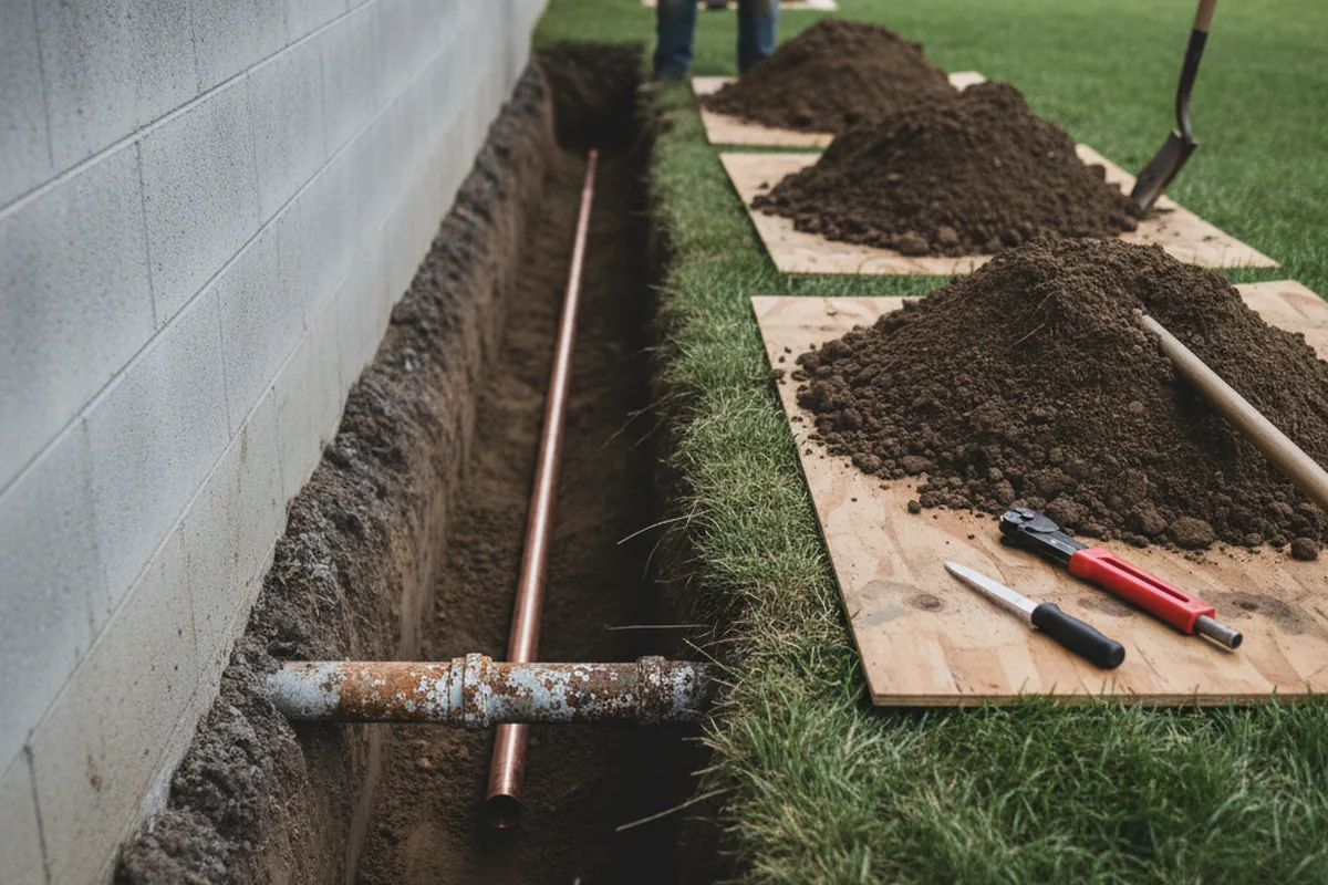 Excavated water line trench during Sewer Line Repair in Still Pond